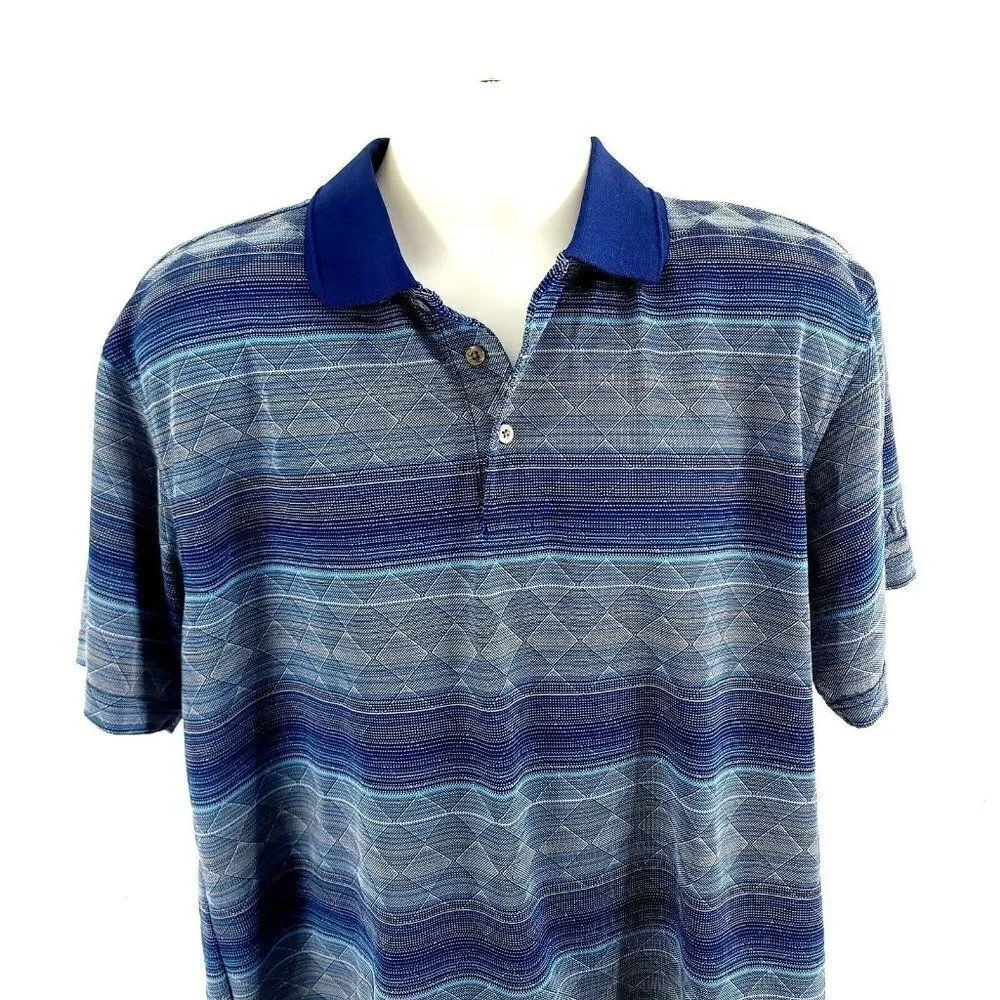PGA Tour Large Blue Striped‎ Textured Polyester Collared Polo Shirt Short Sleeve